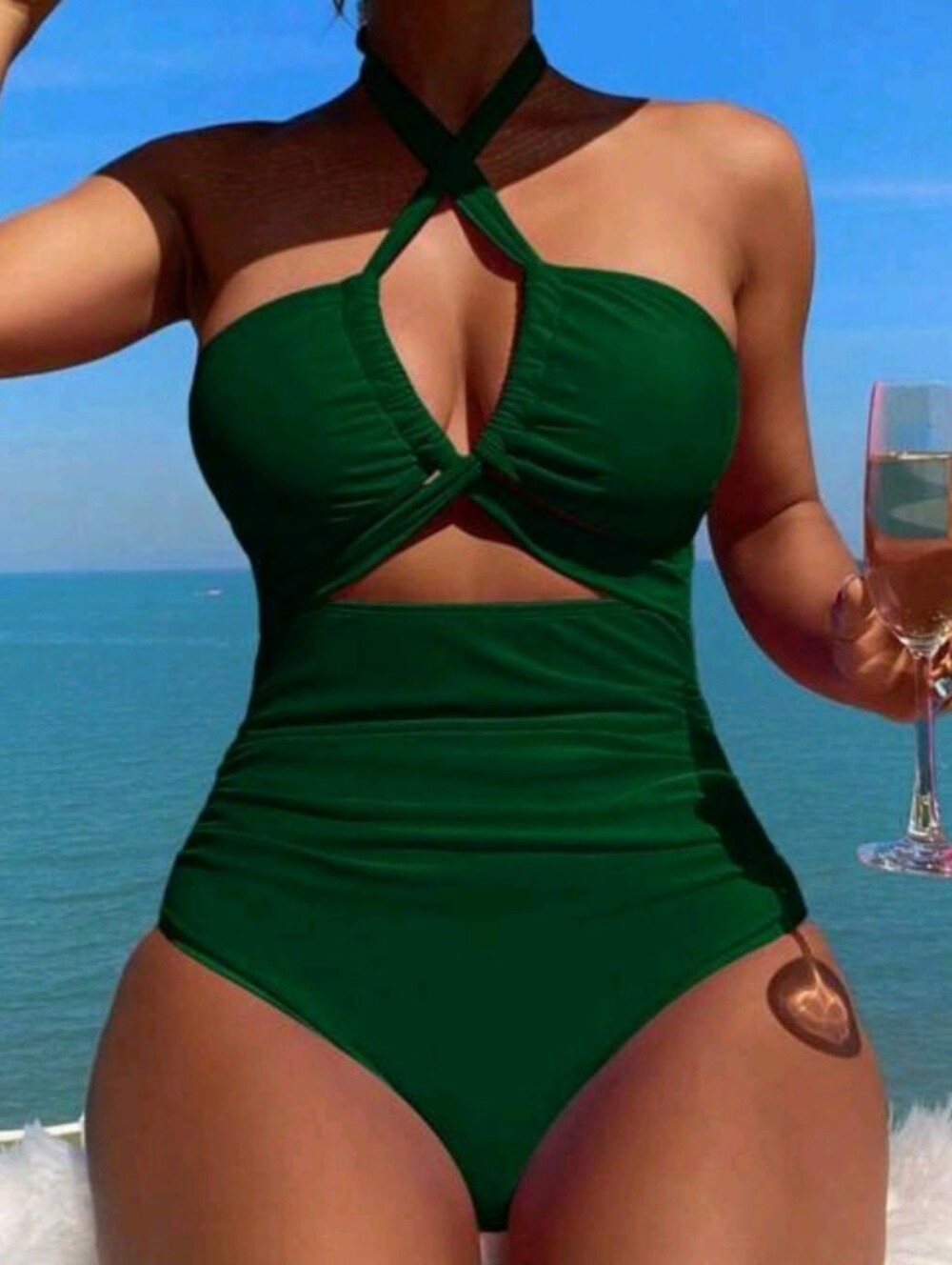 Size L Green Crisscross Cutout One-Piece Swimsuit - Picture 1 of 8